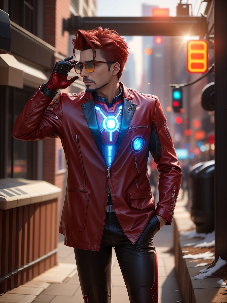 there is a man in a red leather jacket and glasses, hero pose colorful city lighting, iron man, full portrait of electromancer, wearing cyberpunk leather jacket, inspired by Raymond Han, inspired by Max Magnus Norman, cyberpunk suit, cyborg fashion shot, cyber future jacket, cyber suit, cinematic outfit photo, professional cosplay, wearing Tony stark jacket