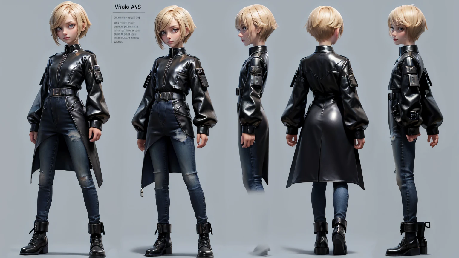 game girl,, wearing a futuristic gaming dress like jeans and shirt in black color,, blond hairs, futuristic dress, gaming full straight standing pose, 14yo student, , Full body, boy, , gaming boy, Simple plain background, HD, standing, modern futuristic dress, front view, modern dresses, unique, Buzz Cut hair style, short hairs. +3 View prompt standing, 3 View Drawings, side and Front and back, Character Sheet, Full body, Simple white background, character reference sheet, Concept art, design sheet, Character Design, full body adoptable horizontal clear charcter style sheet boy