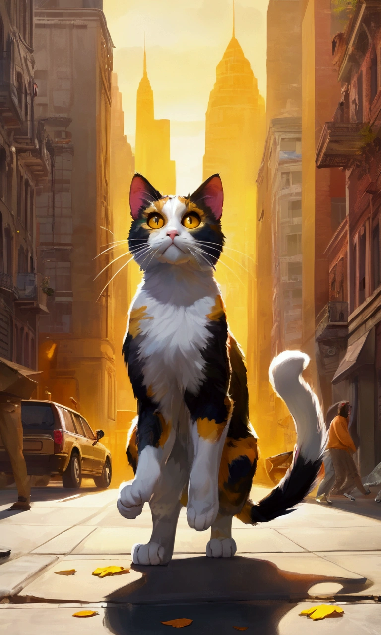 (masterpiece, best quality, vivid colors), a giant cat standing on its hind legs terrorizing the big city!, calico cat, (Alone), yellow eyes, humans running everywhere terrified in the background