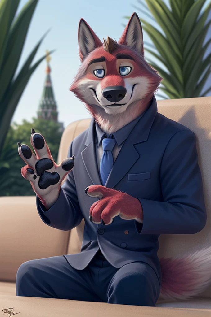 Joachim Wolfbach (Zootopia),tall handsome, wolf,young, 24 years, brown fur, hair on the head,(red body:1.3),Blue eyes, Moscow Dressed, shirt,blazer, tie,trousers,canine, wolf, detailed fur, Male, antro, paw pads, finger claws, waving, waving at viewer, 5 fingers, paws, 5 fingers, smile, happy, resting, wrist watch, т nextel, lying on the couch at home, by xenoforge, (difficult, high detail, film photography, soft focus, RAW runs for governor, 
photorealism, realistic, photorealistic, analog style, subsurface scattering, 
masterpiece, Best quality, ultra realistic, 8 K)