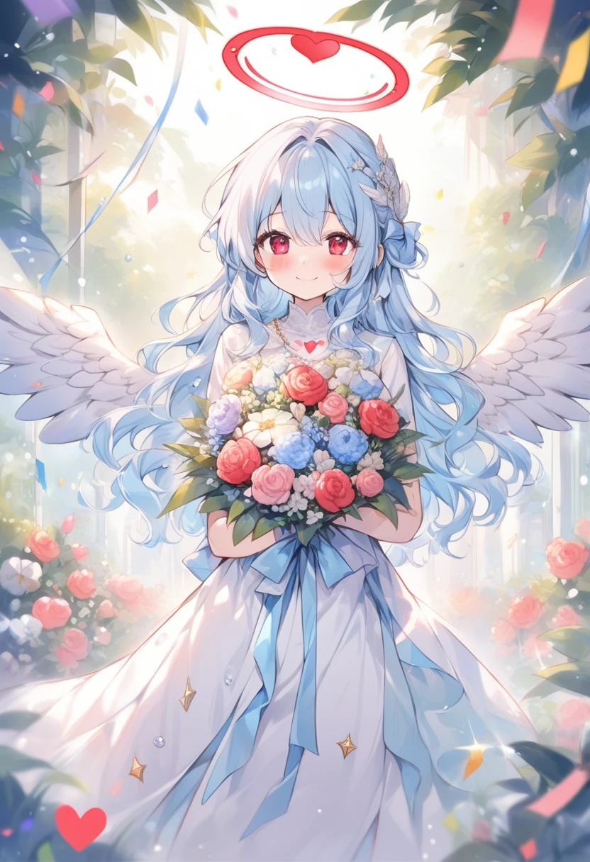 breathtalking Scenery, breathtalking Beauty, breathtalking Cute,scenery, (best quality, masterpiece:1.2), (ultra high quality:1.2),smooth soft skin, natural skin,watercolor,
BREAK
20 years old, (large breasts:1.3),(highlight in eyes:1.3),Excessive detailed skin,Oily skin,smile,(ultra cute face:1.1),(alluring physique:0.8),(Clione girl),coquettishly,slender
BREAK
(Long wavy hair:1.3), (Light blue hair:1.3),(pearlwhite angel wings round fold:1.5),(garnet eyes:1.2),wings round close, (angel wings inspired by ice and snow),shiny skin,(large intake hairstyle),intake,
BREAK
(Perfect red Heart shaped angel halo:1.4),Heart shaped red angel halo of light,(Heart mark angel halo:1.5),(Heart shaped pendant:1.1),
BREAK
white dress inspired by sea ripples and seaweed,wears transparent dress evoking the waves, Elaborate accessories crafted from sea jewels,pale blue dress inspired by ice,dress inspired by snow,(Sash:1.2),red Sash with red heart shaped gem,
BREAK
(Hands holding flower bouquet:1.1),(Finger behind the bouquet:1.3), (Hands behind the bouquet:1.3),Ultra detailed flowers, (flowers background:1.1), Falling petals,celebration,Congratulations,(blush:1.2),Confetti,Twinkle Star,Starshine,bloom effect, bow ribbon,Leaf carpet,smile,dust particles,dynamicangle,,kawaii,outdoors,flowergarden,flowerbackground,tiffany,Create a mesmerizing display of power and beauty,
