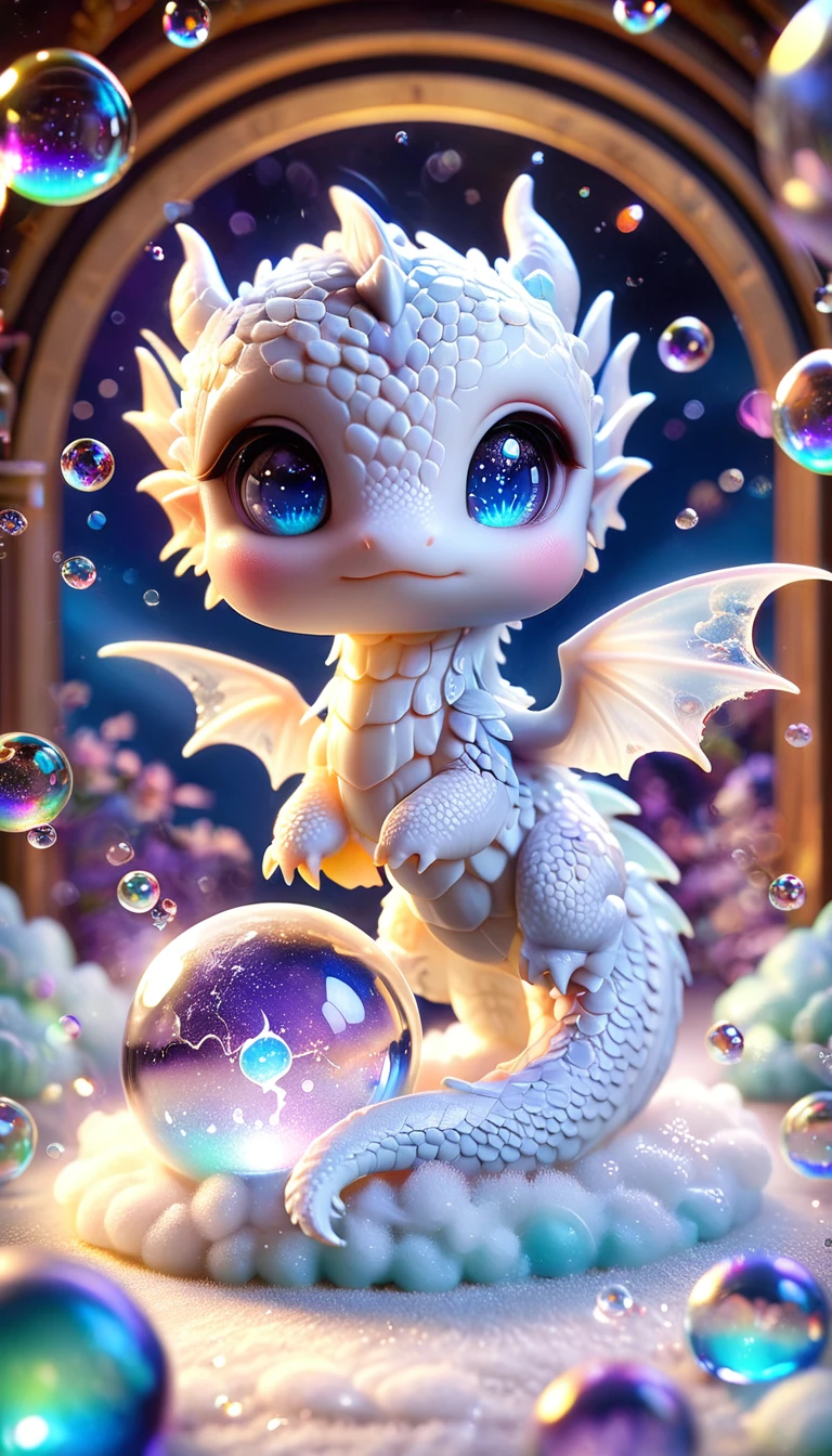 Absurd, High resolution, Very detailed, High resolution, masterpiece, Highest quality, ( Trapped in a crystal ball) Little White Dragon,Cute Dragon,Expressive blue eyes, White eyelashes, blue horns, wing, pastel colour,Fantasy Magic Background, Shiny, The Shining, Purple Lightning, Floating round light, Soap bubble,Starry Sky, blank