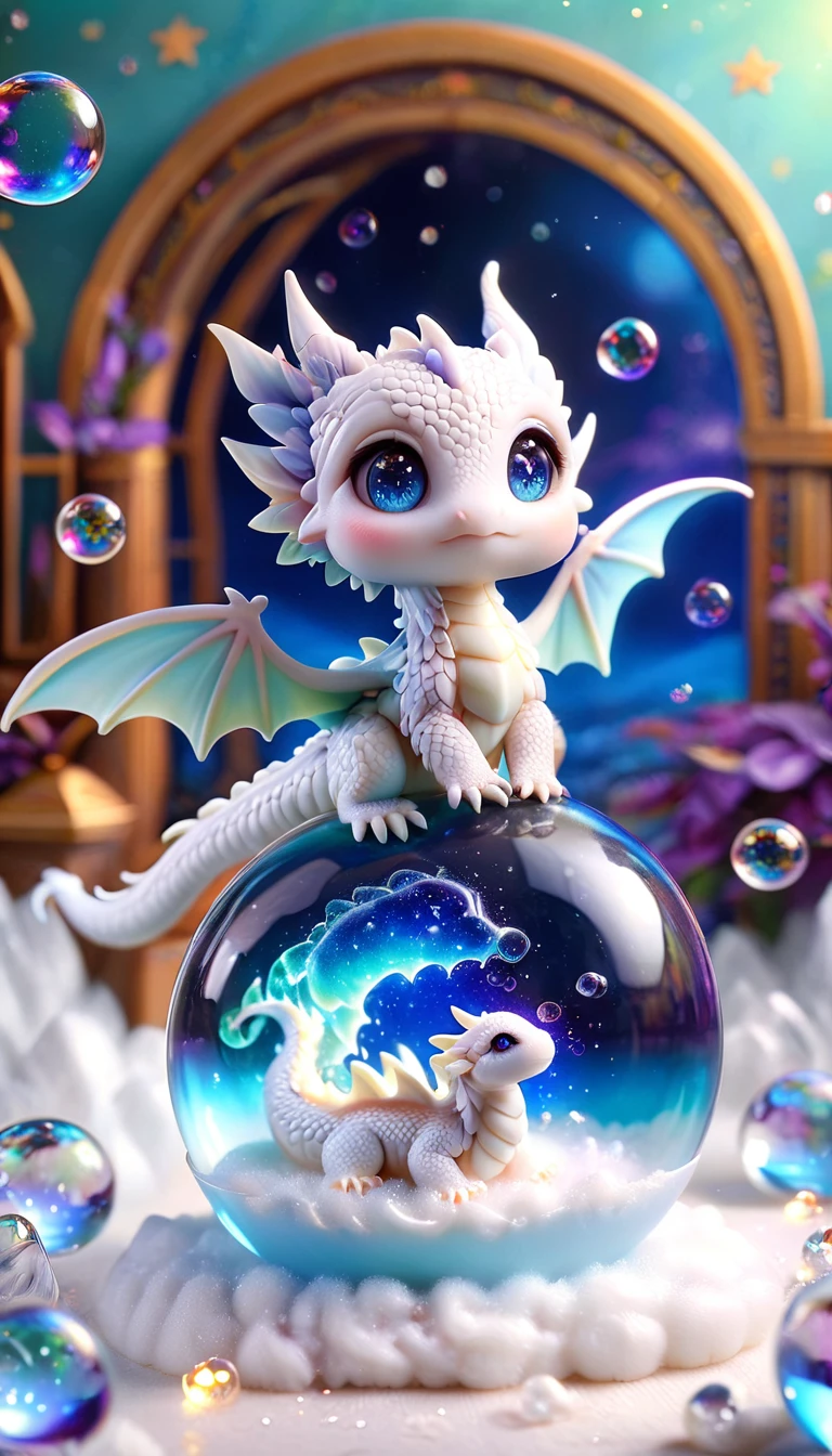 Absurd, High resolution, Very detailed, High resolution, masterpiece, Highest quality, ( Trapped in a crystal ball) Little White Dragon,Cute Dragon,Expressive blue eyes, White eyelashes, blue horns, wing, pastel colour,Fantasy Magic Background, Shiny, The Shining, Purple Lightning, Floating round light, Soap bubble,Starry Sky, blank