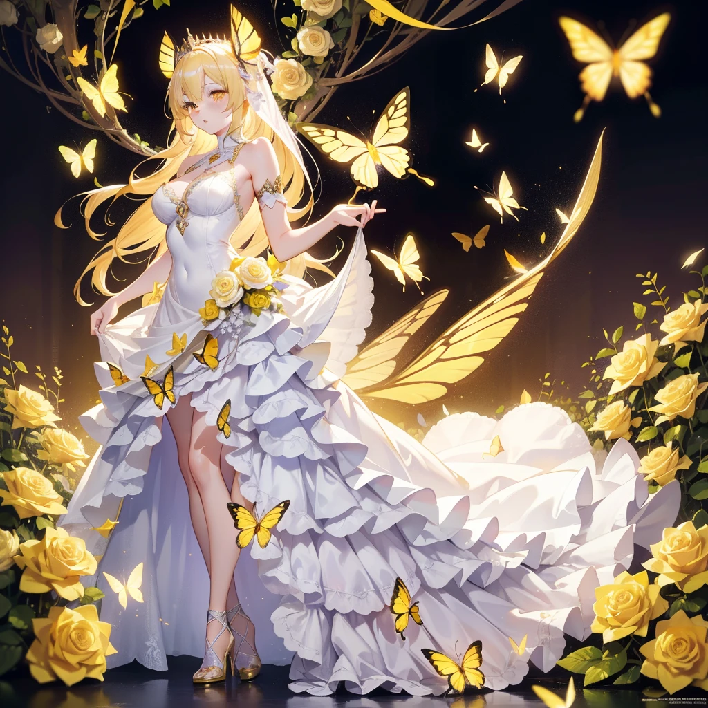 light Hair，yellow Butterfly，yellow eyes, Long white blonde hair，sex high heels, hot White princess Dress，8k wallpaper，Detailed background，Maximum resolution，Deep V Bi，Chis，yellow Rose background，Tight,full-body shot