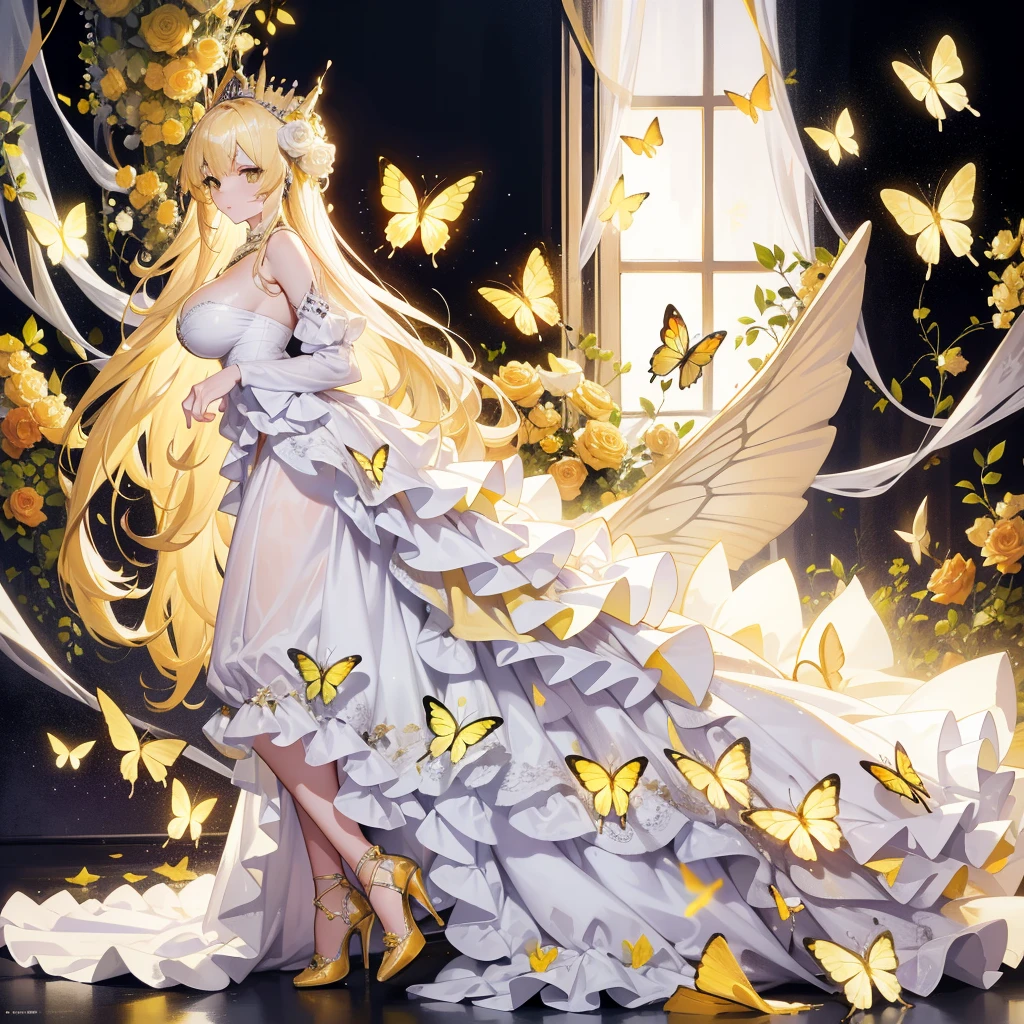 light Hair,yellow Butterfly,yellow eyes,Longest white blonde hair,lewd bigger ,lewd thighs,glass high heels,lewd White princess Dress,8k wallpaper,Detailed background,Maximum resolution,Deep V Bi,Chis,yellow Rose background,full-body shot