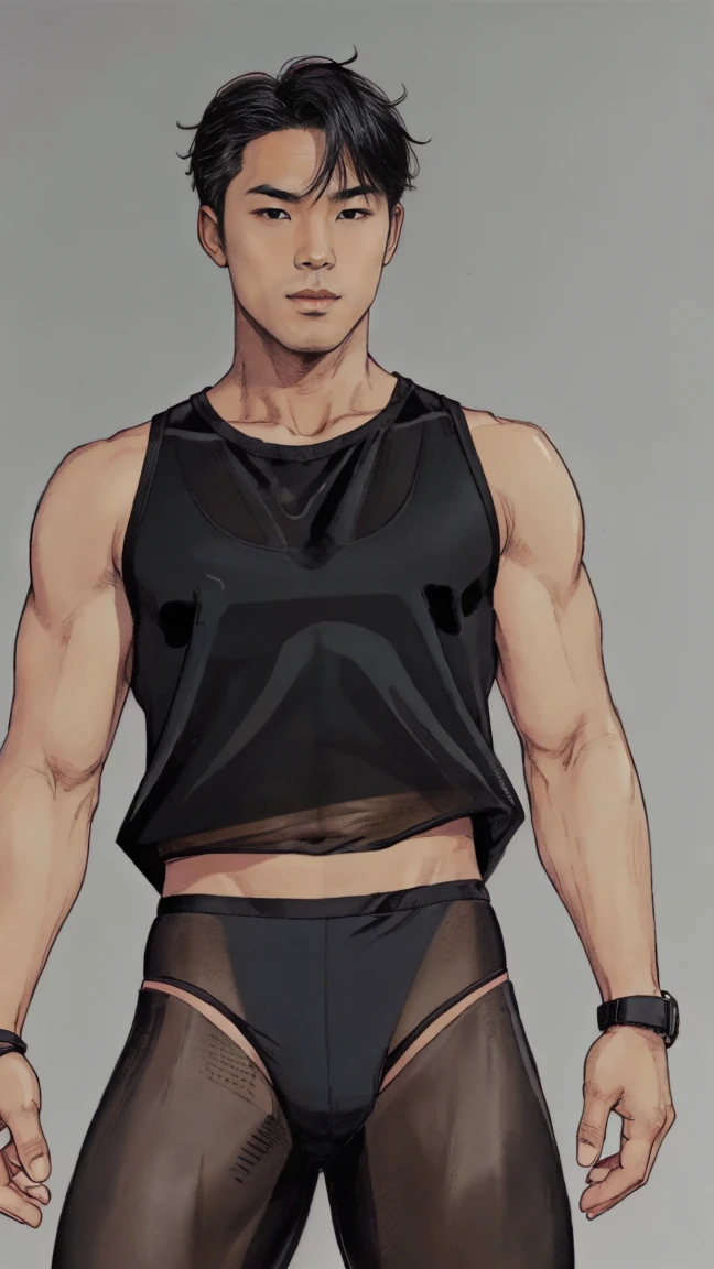 One lean asian men, dark ash brown cool tone, Black sheer mesh top, black micro thong, ash grey hair, pink undertone skin, he showing off his body, comic artstyle 2D