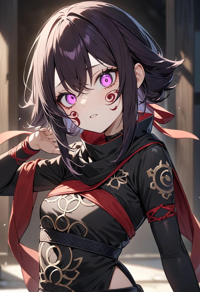 (masterpiece, top quality, very aesthetic, 4k、illustration), intricate detail, 1girl,Standing 、(upper body)、serious face、(),Cute 、Random Hair Color、,middle hair,sidelock ,Random Color eyes、ninja clothes、small breasts、Slim 、