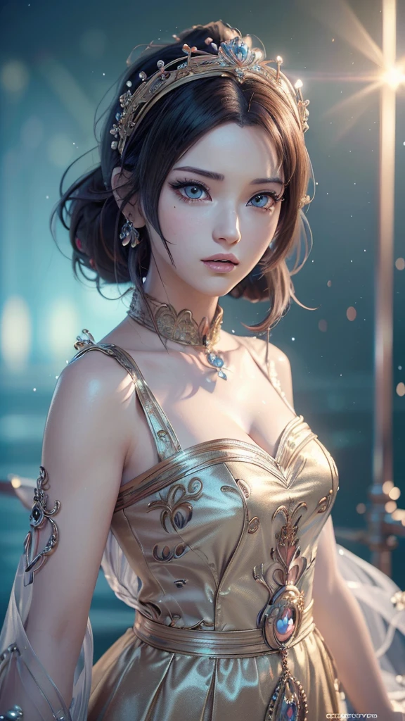 (Masterpiece: 1.3), (8K, Photorealistic, 3D cartoon, Top image quality: 1.4), Female, (Big head: 1.2), Wearing beautiful tradition dress, (Detailed: 1.4), (Extremely detailed 3D character), Large eyes, Colorful hair, (3D model with high resolution textures), (Realistic rendering with cartoon style), (Extremely detailed face and body features), (Lively and vibrant colors), (Accurate shading and lighting), (Attractive and eye-catching), (Anime-inspired design), (CG animation with high