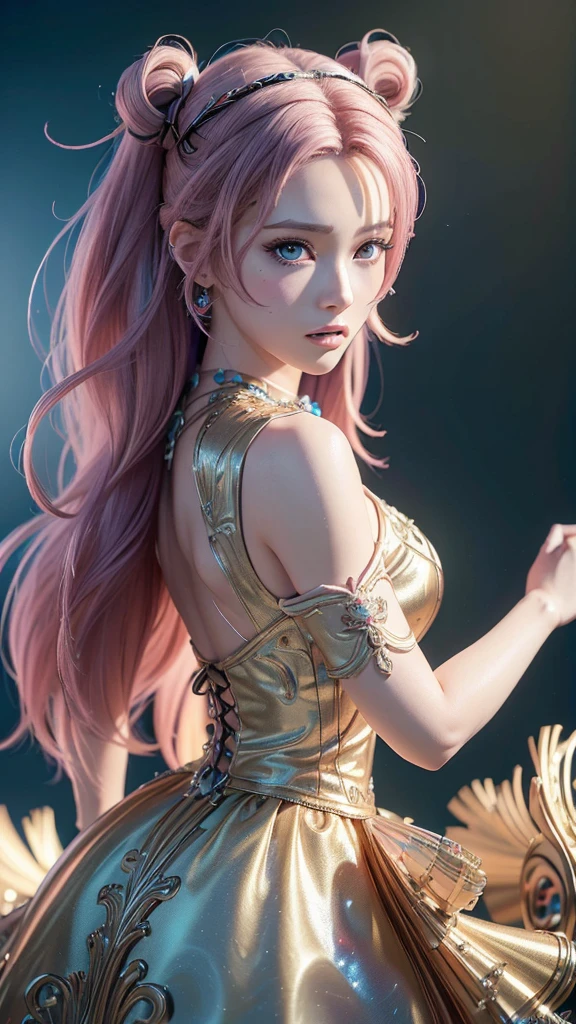 (Masterpiece: 1.3), (8K, Photorealistic, 3D cartoon, Top image quality: 1.4), Female, (Big head: 1.2), Wearing beautiful tradition dress, (Detailed: 1.4), (Extremely detailed 3D character), Large eyes, Colorful hair, (3D model with high resolution textures), (Realistic rendering with cartoon style), (Extremely detailed face and body features), (Lively and vibrant colors), (Accurate shading and lighting), (Attractive and eye-catching), (Anime-inspired design), (CG animation with high