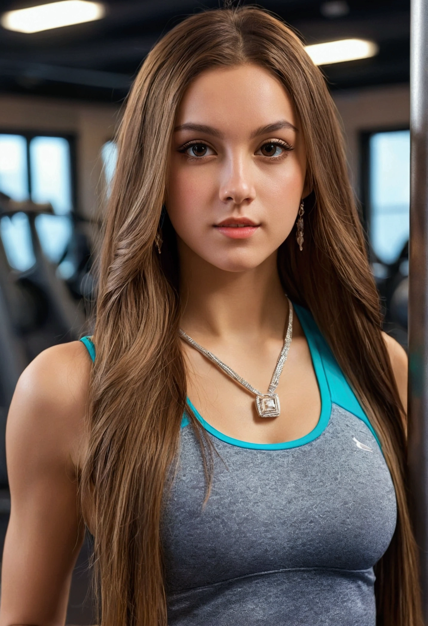 1 girl, 20s, square face, long hair, looking at viewer, jewelry, realistic, sexy, sportswear, multicolored clothes, gym background, free pose