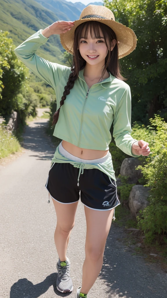 Best picture quality (8k, high resolution, Masterpiece: 1.2), super detailed, 215 Short Hair,Three braids long hair, 26-year-old woman,
situation: Enjoying the surrounding scenery、Walking along gentle mountain paths。Breathe fresh air、Feeling one with nature。
clothing: Wick fabric long sleeve shirt and hiking shorts。Wear a brimmed hat to protect yourself from the sun、running。Trail running shoes on your feet。
,Active Pause ,
Beside her、The thunder danced。
Focus on the waist above
, random cute pose ,big eyes ,Puffy eyes , Heart Pupil, blush , huge shy smile , salute