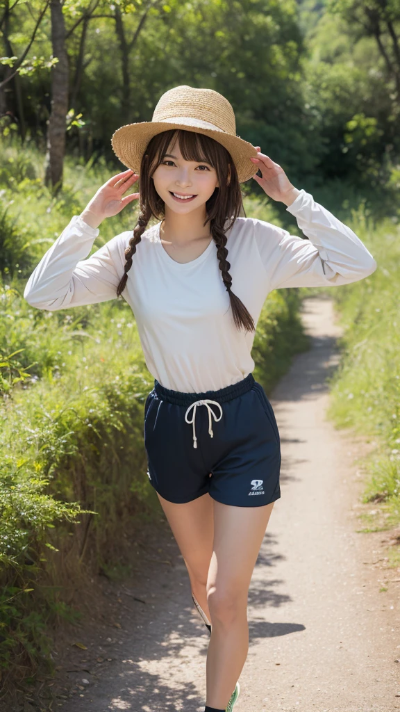 Best picture quality (8k, high resolution, Masterpiece: 1.2), super detailed, 215 Short Hair,Three braids long hair, 26-year-old woman,
situation: Enjoying the surrounding scenery、Walking along gentle mountain paths。Breathe fresh air、Feeling one with nature。
clothing: Wick fabric long sleeve shirt and hiking shorts。Wear a brimmed hat to protect yourself from the sun、running。Trail running shoes on your feet。
,Active Pause ,
Beside her、The thunder danced。
Focus on the waist above
, random cute pose ,big eyes ,Puffy eyes , Heart Pupil, blush , huge shy smile , salute