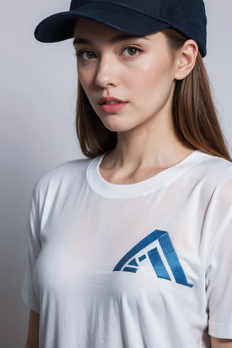 A white shirt with an embroidered logo on the back that says "A" in blue. A blue baseball cap worn in the style of a ginger-haired woman in a minimalistic style. Award-winning fashion photography, studio portrait for a Vogue cover
