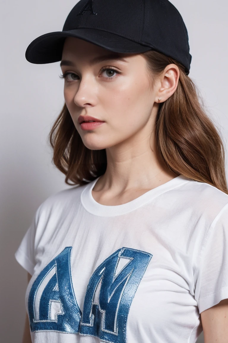 A white shirt with an embroidered logo on the back that says "A" in blue. A blue baseball cap worn in the style of a ginger-haired woman in a minimalistic style. Award-winning fashion photography, studio portrait for a Vogue cover
