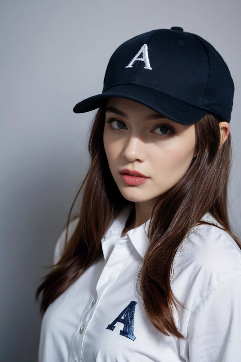 A white shirt with an embroidered logo on the back that says "A" in blue. A blue baseball cap worn in the style of a ginger-haired woman in a minimalistic style. Award-winning fashion photography, studio portrait for a Vogue cover
