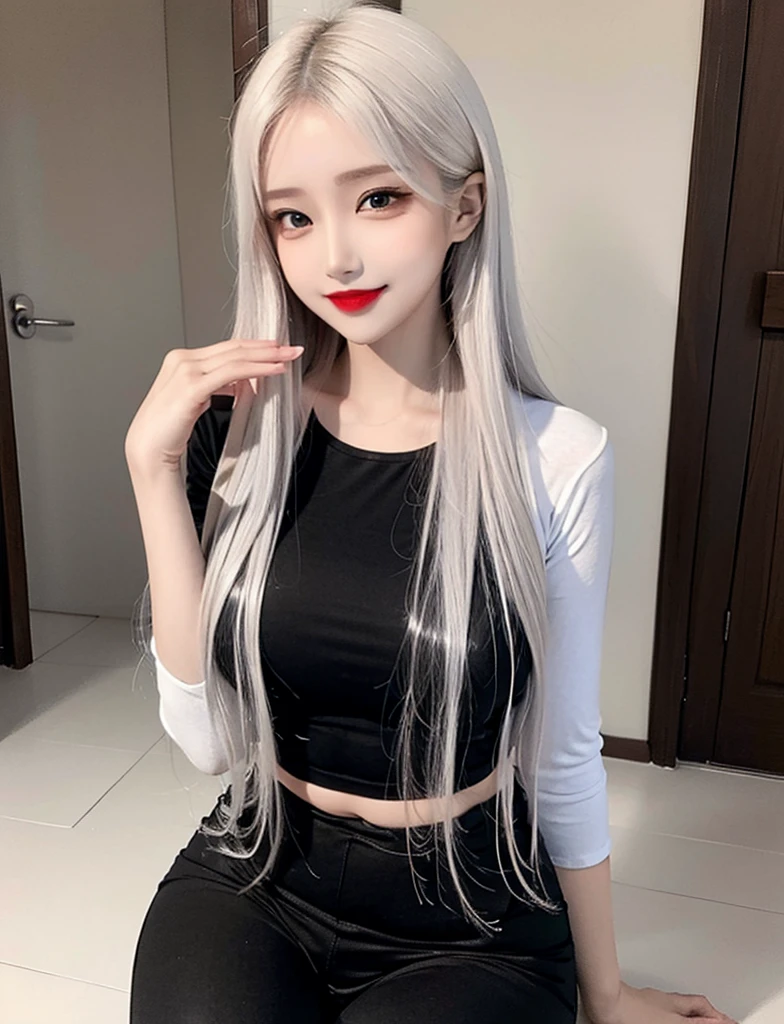 Woman black shirt, blue thick pant, red lipstick, makeup face, white hair, skinny pant, smile, not Ewaraj,
