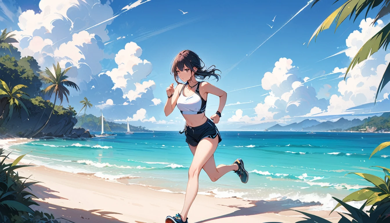 (masterpiece, Highest quality:1.2), 1 Girl, alone,Eyes open,Tropical atmosphere,Ocean,running