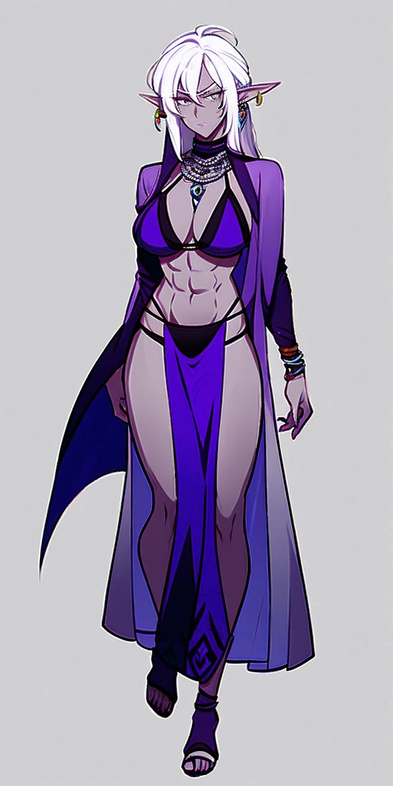 Appearance
Gender: Female
Age: Mature
Race: Drow (elf with dark skin and white hair)
Height: Full-body
Skin: Gray
Skin: Gray
Background: Plain Gray
Eyes: Purple
Attire: Bikini, revealing abdominal muscles
Accessories: Large earrings, ragged rags, chain necklace