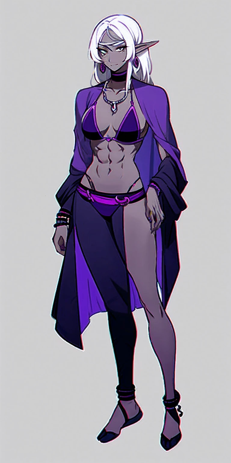 Appearance
Gender: Female
Age: Mature
Race: Drow (elf with dark skin and white hair)
Height: Full-body
Skin: Gray
Skin: Gray
Background: Plain Gray
Eyes: Purple
Attire: Bikini, revealing abdominal muscles
Accessories: Large earrings, ragged rags, chain necklace