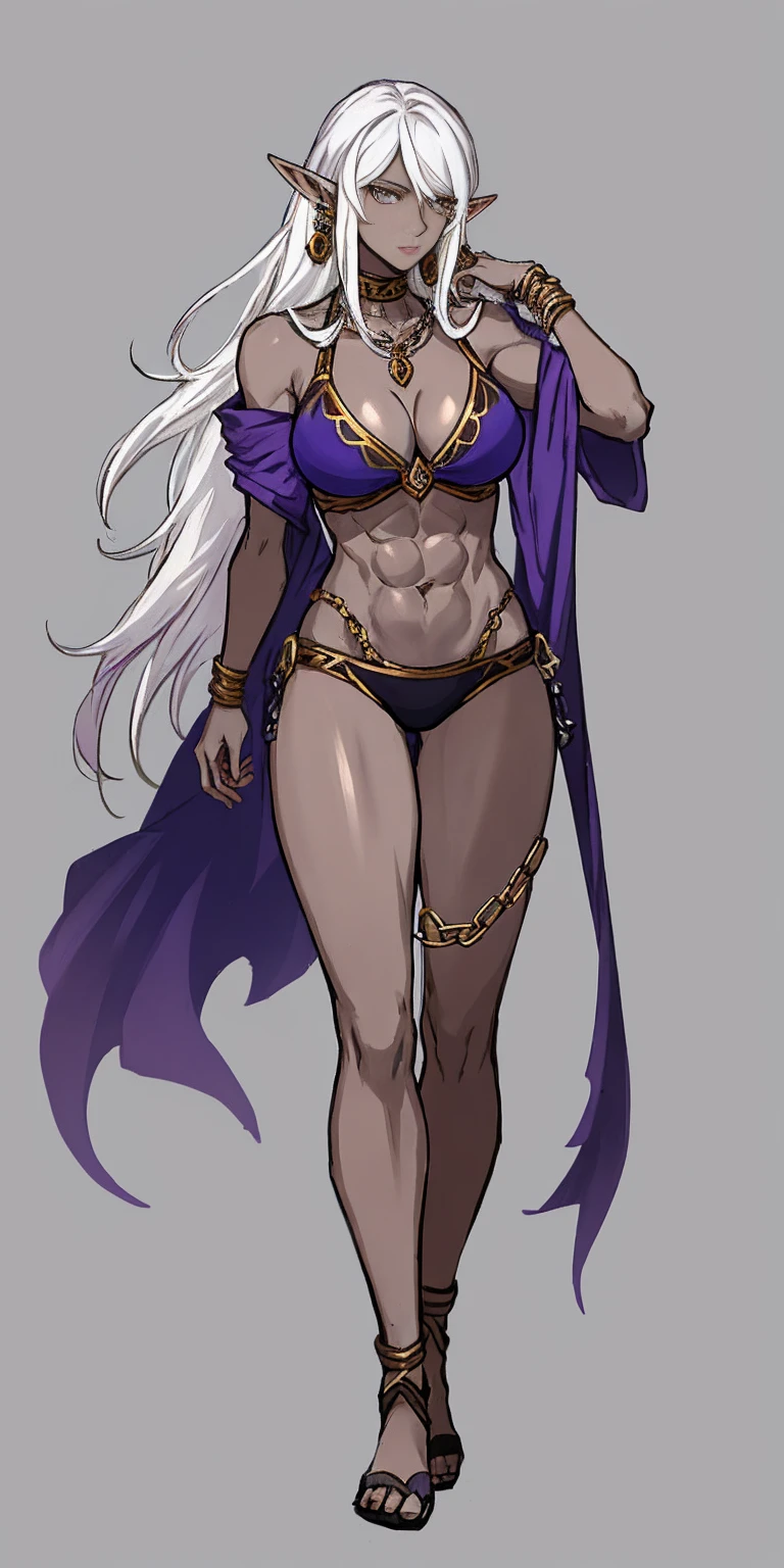 Appearance
Gender: Female
Age: Mature
Race: Drow (elf with dark skin and white hair)
Height: Full-body
Skin: Gray
Skin: Gray
Background: Plain Gray
Eyes: Purple
Attire: Bikini, revealing abdominal muscles
Accessories: Large earrings, ragged rags, chain necklace