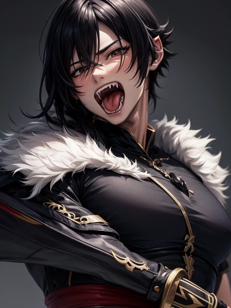 masterpiece, best quality, <lora:Wriothesley:1>,black hair, male focus, 1boy, anger vein, multicolored hair, gloves, tongue, open mouth, choker, streaked hair, solo focus, jewelry, fangs, white background, looking at viewer, animal ears, white hair, black gloves, fingerless gloves, blue eyes, short hair, bangs, upper body, simple background, earrings, finger in another's mouth, cat ears, tongue out, jacket, teeth, bishounen