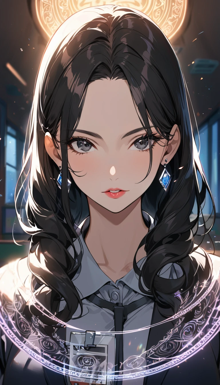 1woman,matured face,curtain hair forehead(long black hair),eyes,black eyes,teacher,teacher outfit, beautiful, colourful classroom background,standing attentive pose, neutral,stoic,wearing an ID card,earrings,juicy full lips,magic circle in the background, portrait , cinematic lighting,