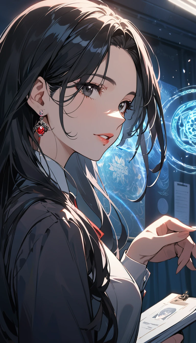 1woman,matured face,curtain hair forehead(long black hair),eyes,black eyes,teacher,teacher outfit, beautiful, colourful classroom background,standing attentive pose, neutral,stoic,wearing an ID card,earrings,juicy full lips,magic circle in the background, portrait , cinematic lighting,