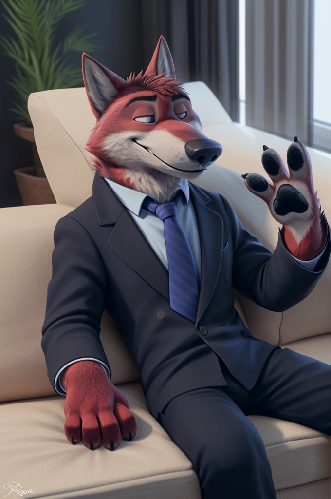Joachim Wolfbach (Zootopia),tall handsome, wolf,young, 24 years, brown fur, hair on the head,(red body:1.3),Blue eyes, Moscow Dressed, shirt,blazer, tie,trousers,canine, wolf, detailed fur, Male, antro, paw pads, finger claws, waving, waving at viewer, 5 fingers, paws, 5 fingers, smile, happy, resting, wrist watch, т nextel, lying on the couch at home, by xenoforge, (difficult, high detail, film photography, soft focus, RAW, lying on the couch at home sleeping.
photorealism, realistic, photorealistic, analog style, subsurface scattering,
masterpiece, Best quality, ultra realistic, 8 K)