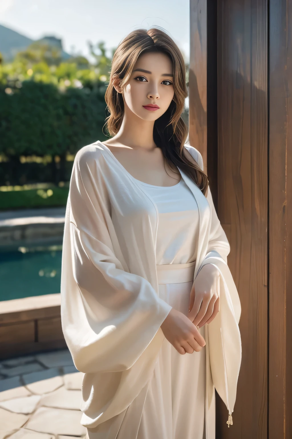 （Masterpiece），republic，Cool temperament，Cold and glamorous，long whitr hair，A girl in a brown cotton linen robe，Taoist robes，Simple and elegant，Fabric texture，folding fan，Mori Department，flax，outside