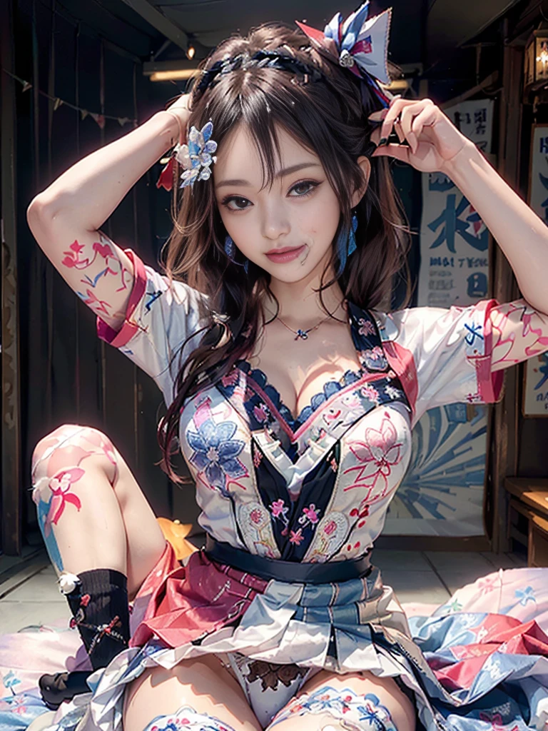 (Full Body View:1.2)、(Full body:1.4)、(Beautiful lips and cheeks:1.4)、(Beautiful:1.4)、(Smiling with teeth showing:1.3),(Shibuya Gal:1.5)、(Gothic ta vibe:1.5)、(White, red, magenta, and blue miniskirt courtesan kimono showing cleavage:1.5)、(New Year:1.4)、(Luxury hair ornaments/hairpin:1.5)、(Short kimono:1.3)、(Make-up like a maiko:1.5)、(Bewitching Woman:1.3)、(Dense kimono:1.4)、(Wearing flashy knee socks:1.2)、(The underwear has an embroidered pattern:1.4)、40 years old、(Dance vigorously:1.3)、((Highest quality、8k、masterpiece:1.3))、1 Female、Slim and beautiful abs:1.3、(hairstyle casual、Beautiful boobs:1.1)、dress:1.1、Super small face、Narrow eyes、double eyelid、A sloppy smile、Esbian all over body、Dynamic Angle、Close-up、CPL Filter、Blurred Background、Bokeh、Blue Hour、Detailed face and skin texture、Detailed eyes、double eyelid,(Twin tails:1.3)、(Black-brown hair:1.3)、Gravure idol、(The background is a gorgeous Meiji-era town:1.3)、(Thin body:1.2),(Thin thighs:1.5),(clavicle:1.1)
