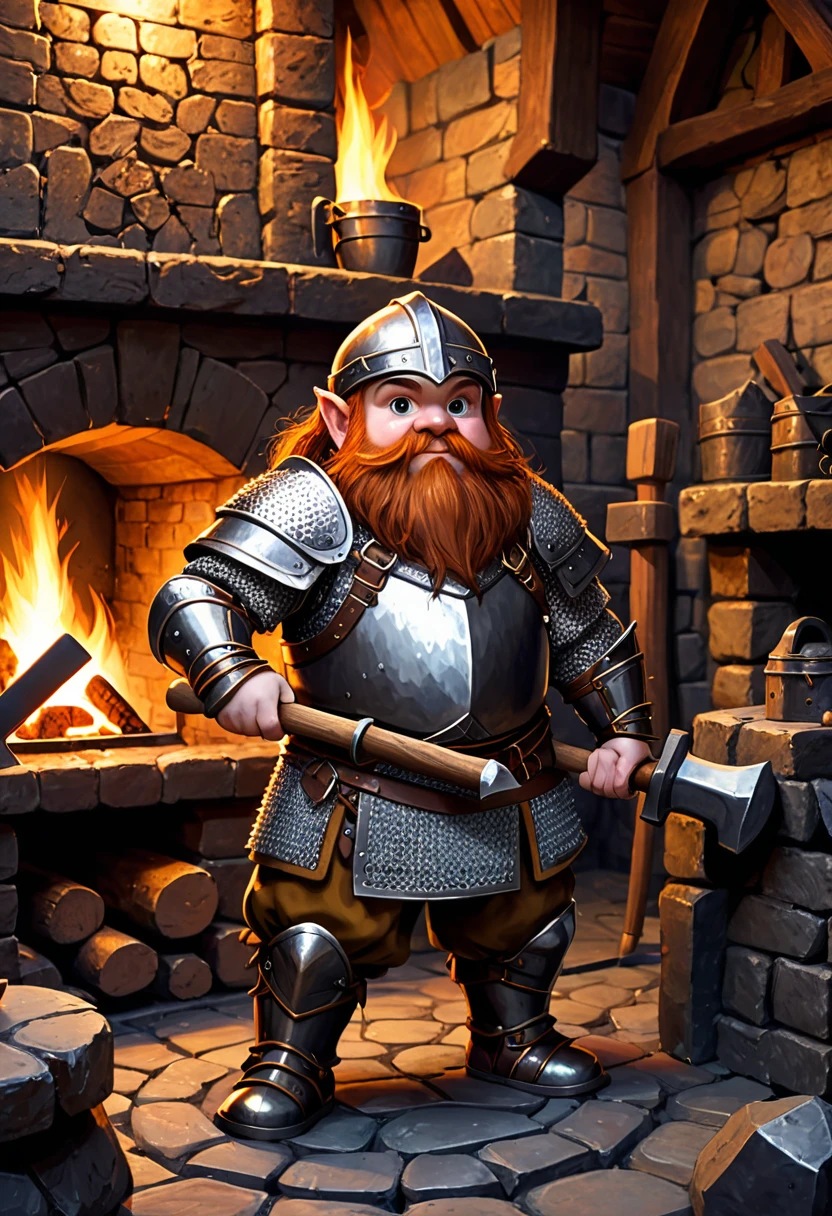 young dwarf with heavy chainmail armor. he is holding a hammer. he is standing in a forge with a fireplace.