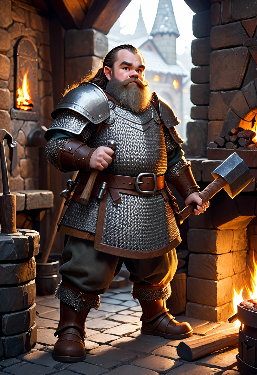 young dwarf with heavy chainmail armor. he is holding a hammer. he is standing in a forge with a fireplace.