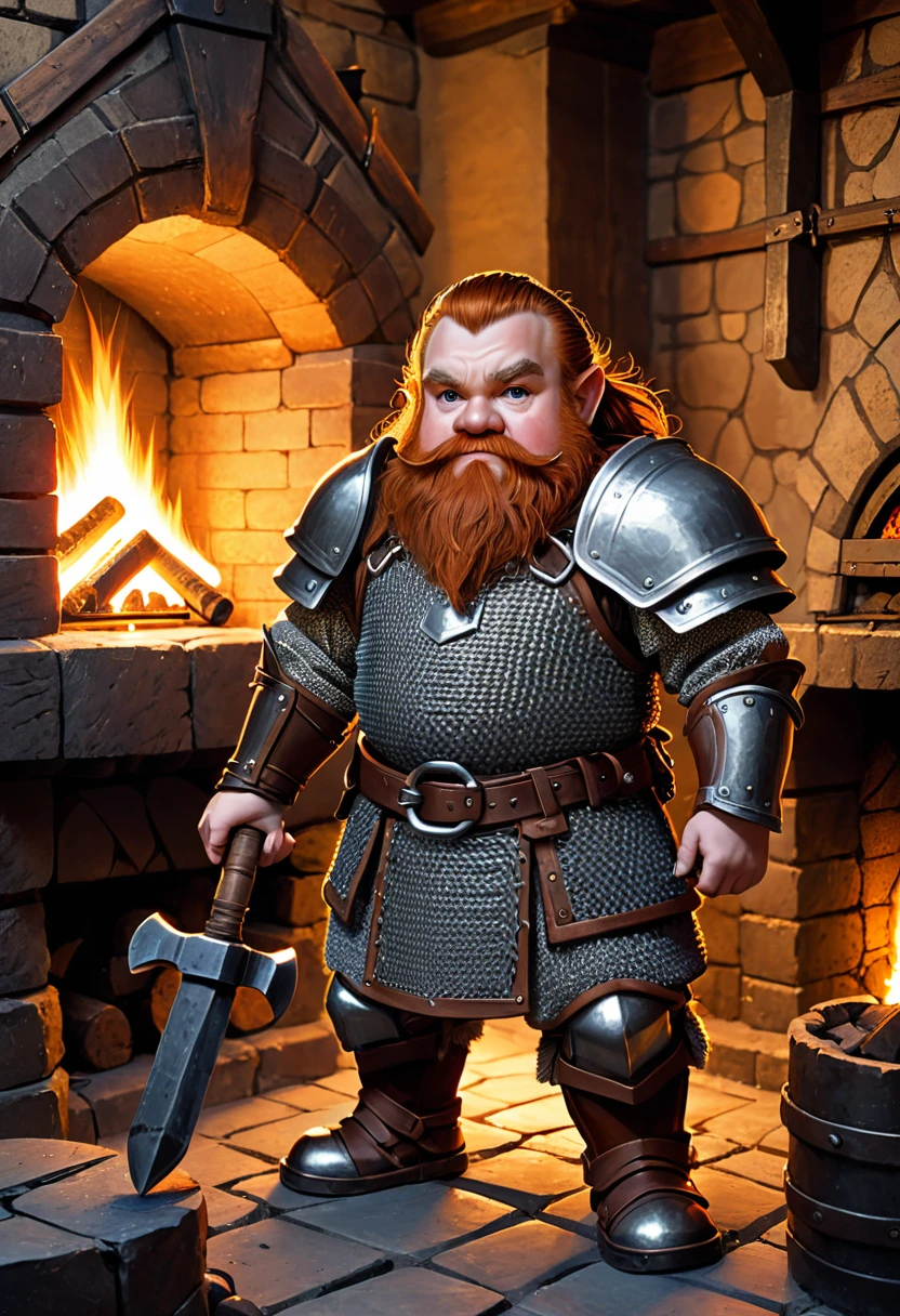 young dwarf with heavy chainmail armor. he is holding a hammer. he is standing in a forge with a fireplace.