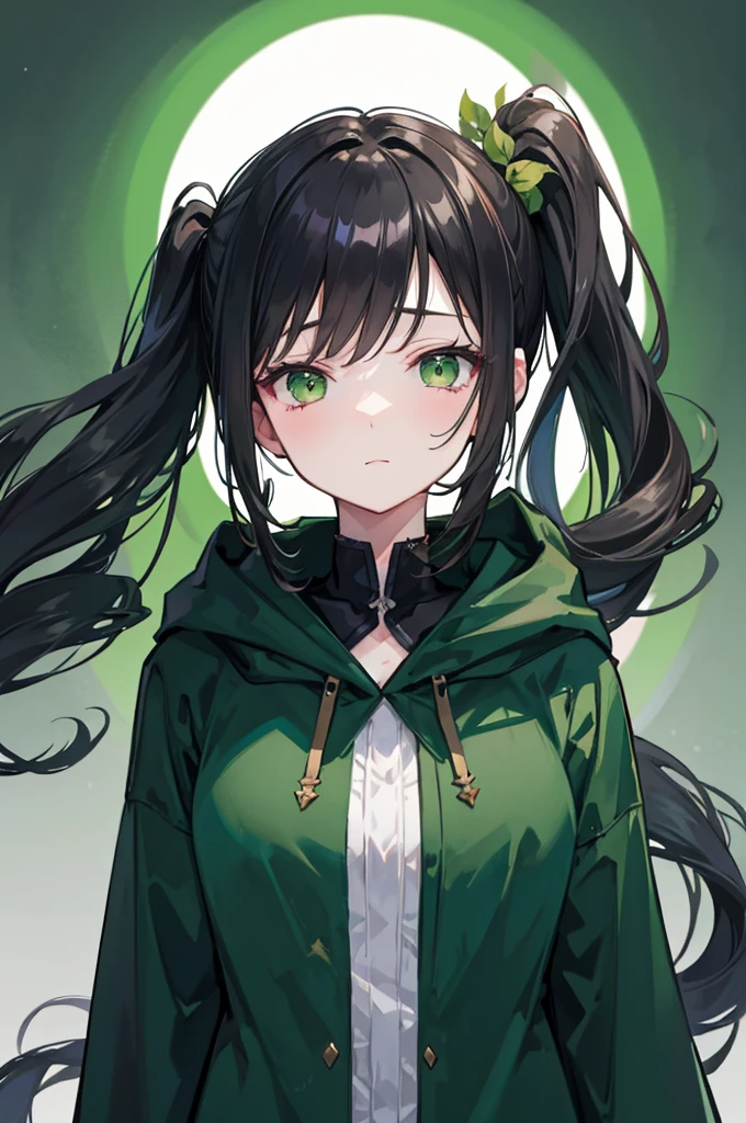 portrait, upper body face through torso, black hair, long wavy side ponytail, eromanga, half closed eyes, green eyes, boring face,dark green cloak, B cup