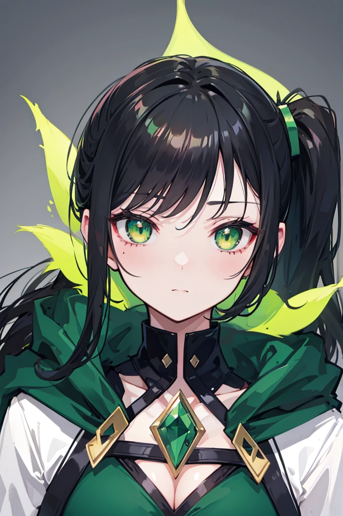 portrait, upper body face through torso, black hair, long wavy side ponytail, eromanga, half closed eyes, green eyes, boring face,dark green cloak, B cup