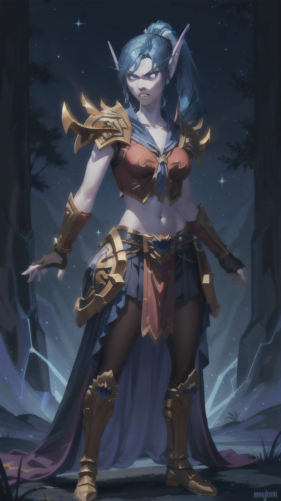 (1girl, blue hair absurdly long hair split ponytail, sparkle eyes, angry, clenched teeth) (digital) (standing), (Dark Purple Forest background), (Skirt)) , best quality, pointy ears, colored skin, blue skin, glowing, armor, navel, voidelf,