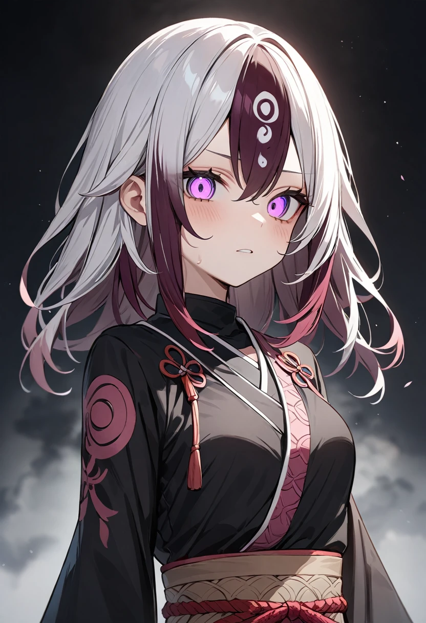 (masterpiece, top quality, very aesthetic, 4k、illustration), intricate detail, 1girl,Standing 、(upper body)、clear face、(Sharingan)、,
Cute 、Random Hair Color、,middle hair,sidelock ,Random Color　eyes、ninja clothes、small 、Slim 、