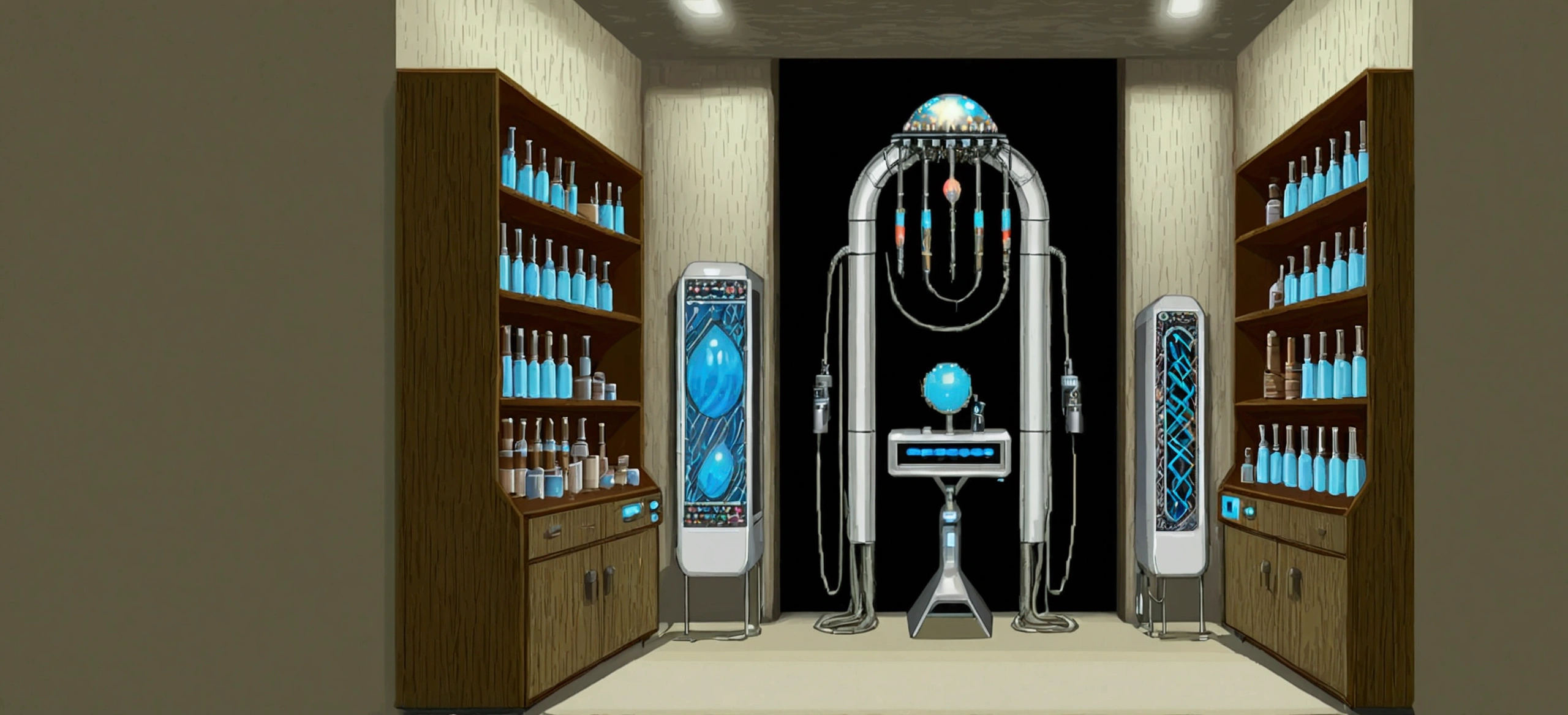 Close-up of a room with many bottles and candlesticks, Pixel art inspired by Luigi Kasimir, tumbler, Pixel art, Futuristic Chemistry Laboratory, Mysterious Laboratory, Futuristic Laboratory, SF Room, Magical Laboratory Setting, fantasy alchemist laboratory, Futuristic Science Laboratory, Alien Room Background, Kutira&#39;s Laboratory!, Cloning Facility of the Future, Magic Lab Background