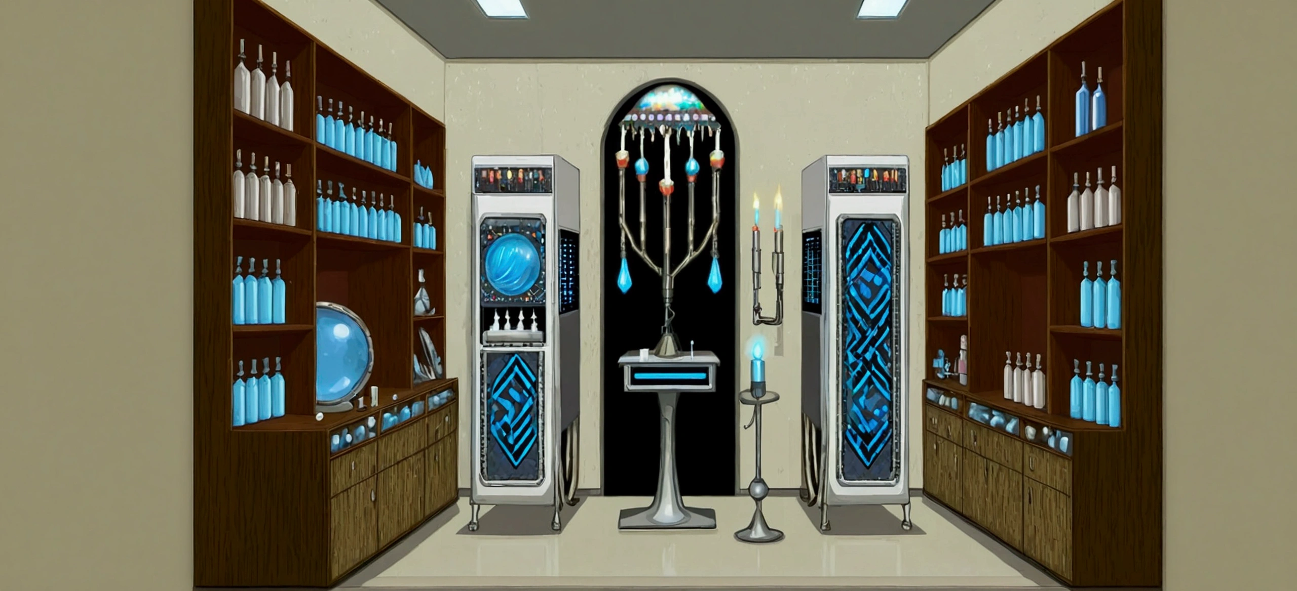 Close-up of a room with many bottles and candlesticks, Pixel art inspired by Luigi Kasimir, tumbler, Pixel art, Futuristic Chemistry Laboratory, Mysterious Laboratory, Futuristic Laboratory, SF Room, Magical Laboratory Setting, fantasy alchemist laboratory, Futuristic Science Laboratory, Alien Room Background, Kutira's Laboratory!, Cloning Facility of the Future, Magic Lab Background