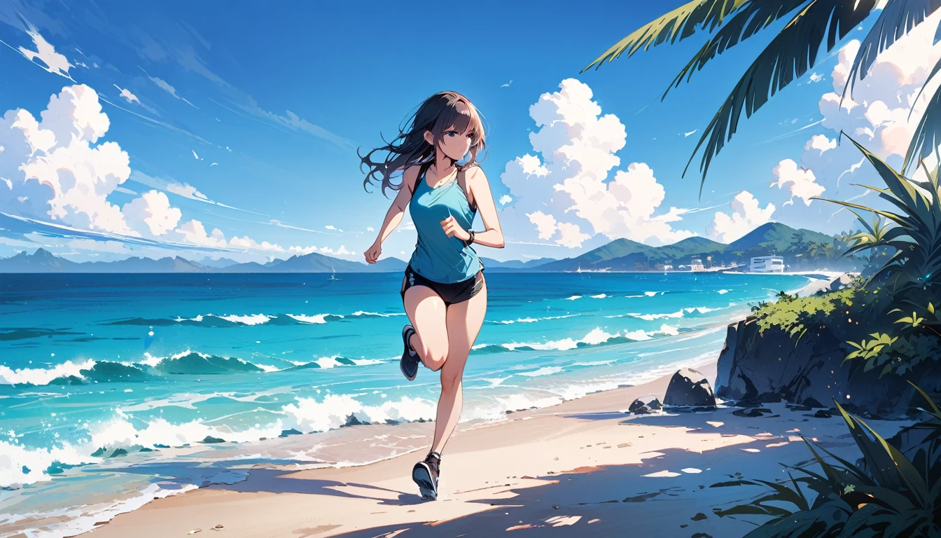 (masterpiece, Highest quality:1.2), 1 Girl, alone,Eyes open,Tropical atmosphere,Ocean,running