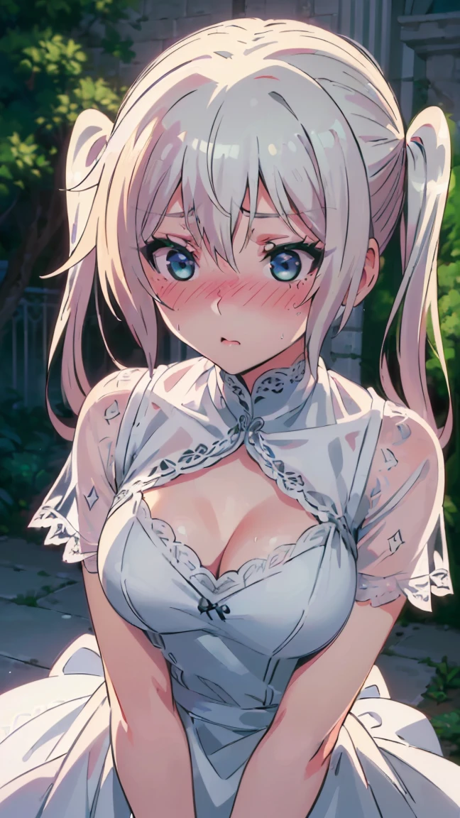 (((Looking up from below: 1.8))), Linneburg Kreis, ---(((Poor and small chest: 1.5))), (((Pure white skirt lifted to show panties: 1.5))), (((Deep and vivid crimson eye color: 1.5))), (((Very long and thin twin tails: 1.5))), (((Large black ribbon at the base of both twin tails: 1.5))), (((Shiny silvery white hair: 1.5))), (((Deep and vivid crimson eye color: 1.5))), (((Mature appearance: 1.5))), (((Pure white princess-like dress: 1.8) )), ((See-through fabric: 1.3)), (((Decorated with luxurious lace fabric: 1.3))), ((Cute white see-through: 1.3)), (((Western castle: 1.5))), ((Beautiful anime face, cute face, detailed face), ((Blushing in embarrassment: 1.5)), embarrassed expression, scary, open lips, adorable expression, break, standing, miniature human hand, perfect anatomy, perfect proportions, nice lighting, bright colors, clean lines, blurred, stunning expression, restless emotions, gorgeous, adorable, detailed beautiful face and eyes, (masterpiece) beautiful face, young handsome girl, real: perfect skin, blurred, stunning face Passion, restless emotions, gorgeous, adorable, detailed beautiful face and eyes, (Audrey Hepburn), (17 years old), Blake, finely textured beautiful skin and cleavage, (cute type), (J-pop idol), cinematic full color, 4K, 8K, 16K lace, raw photo, must-see movie, professional color grade, professional photographer, high school girl, soft and clean focus, realistic lighting and shading, (very delicate and beautiful artistic), elegant, eyes, (0.95), (slim), (beautiful girl),