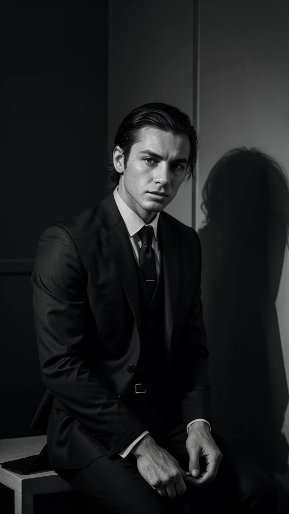 Create a monochrome image of a well-dressed man sitting pensively in a shadowy, minimalist setting. The man should have slicked-back hair, wear a suit, and display a contemplative facial expression. Include an inspirational quote at the bottom of the image, similar to 'Learn to CONTROL your mouth, mind, mood and money.' Keep the overall tone dark and moody, with high contrast between light and shadow.