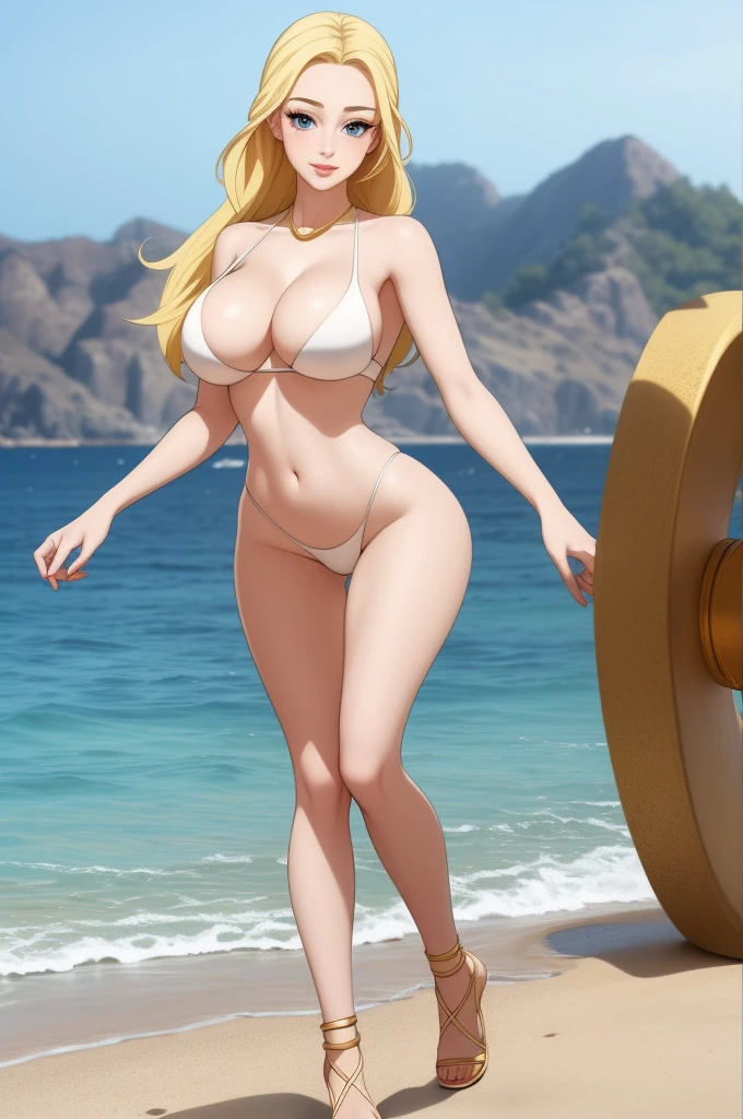 An extremely beautiful stunning woman with a perfect busty body, gold blonde long silky hair, big blue eyes, extremely super bright snow white fair stunning flawless glowing lush shiny flawless white skin, a perfect tight hourglass figure, and a very skinny thin waist, sexy thick smooth luscious legs, and thighs, extremely cute smile on the face, bright pink blushes on cheeks, wearing a short revealing white bikini with threads, yellow heels, gold necklace on the neck, gold anklets on feet, gold chain on the waist, standing straight, holding a red roses bouquet, beach in the background, show full body from head to feet.
