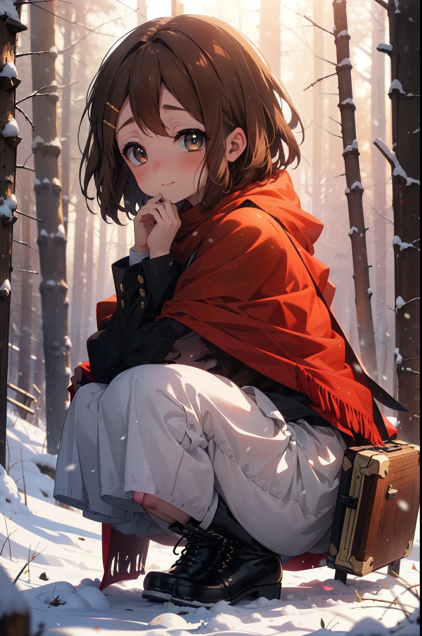yuihirasawa, Yui Hirasawa, short hair, Brown Hair, hair ornaments, (Brown eyes:1.5), Hair Clip、smile,smile,blush,white breath,
Open your mouth,snow,Ground bonfire,, Outdoor, boots, snowing, From the side, wood, suitcase, Cape, Blurred, , forest, White handbag, nature,  Squat, Mouth closed, Cape, winter, Written boundary depth, Black shoes, red Cape break looking at viewer, Upper Body, whole body, break Outdoor, forest, nature, break (masterpiece:1.2), Highest quality, High resolution, unity 8k wallpaper, (shape:0.8), (Beautiful and beautiful eyes:1.6), Highly detailed face, Perfect lighting, Highly detailed CG, (Perfect hands, Perfect Anatomy),