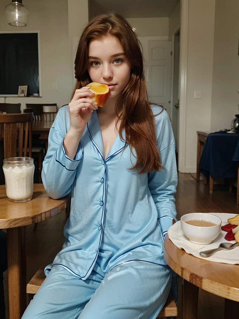 Casual photo of a 19-year-old redhead with Aquamarine eyes , eating a healthy breakfast, dressed in half-uncovered blue pajamas, at a table with her father Of Brown hair sitting on the other side of the table, in a suit