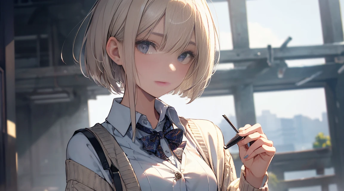 (Bob Cut Hair, Platinum Blonde Hair:1.2),(Wear a cardigan over a collared shirt:1.2),1 girl,Japanese,21 years old,(Small breasts:1.3),(Highest quality,masterpiece:1.3,超A high resolution,),(Ultra-detailed,Caustics),(Photorealistic:1.4,RAW shooting,)Ultra-Realistic Capture,Very detailed,High resolution 16K human skin close-up。 Natural skin texture、,Pores、、It needs to be detailed enough to be easily identifiable。 Skin should be even-toned and healthy looking。 Use natural light and colour, Sad expression, Looking at the camera, Perfect dynamic composition, Outdoor