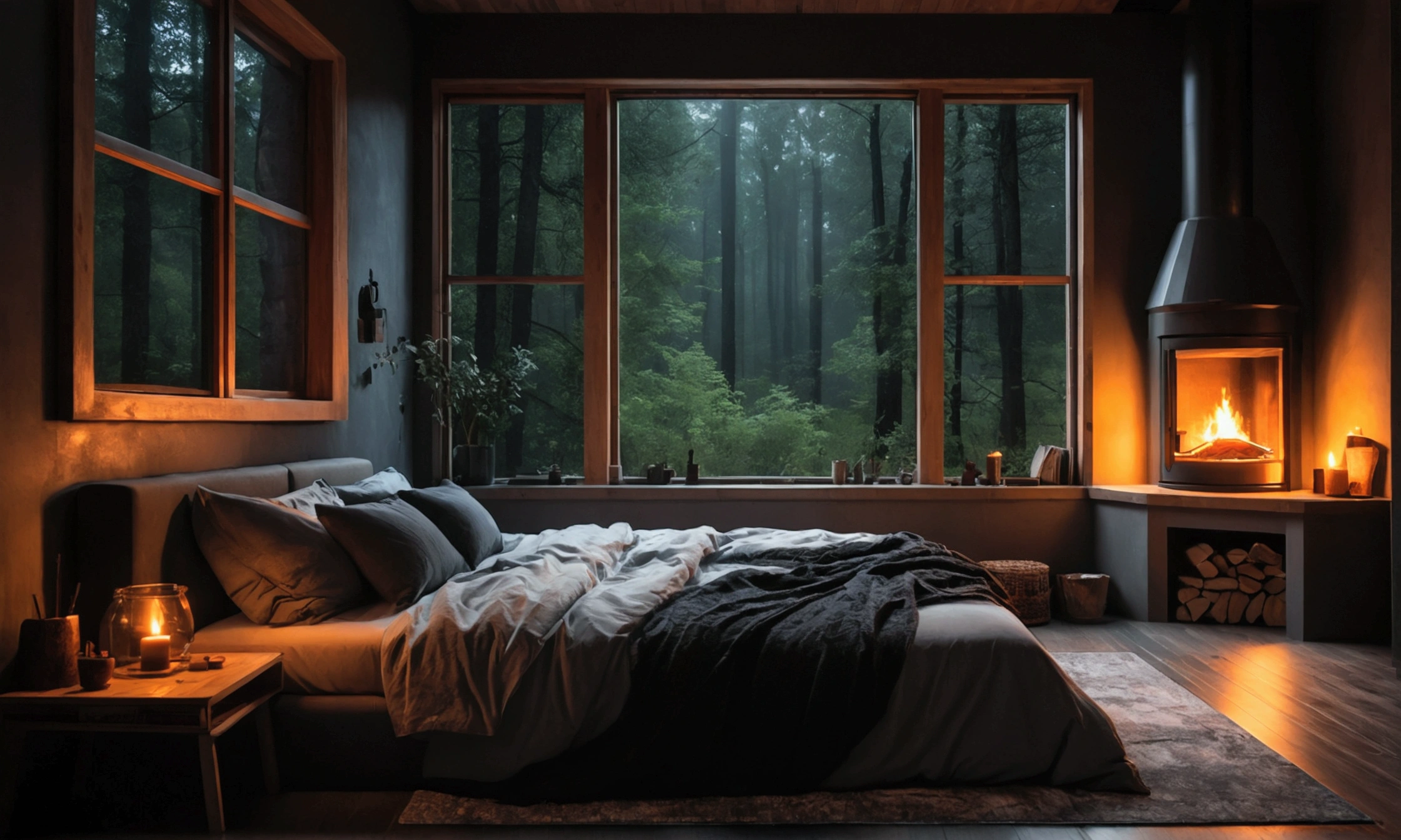 a bed sitting under a window next to a fire, cozy atmospheric, cozy place, large windows to forest at night, cosy atmoshpere, cozy room, cozy environment, dark bedroom, cyberpunk bedroom at night, inside on a rainy day, rainy night, bedroom full of fire, cozy night fireflies, cozy and peaceful atmosphere, rain aesthetic, dimly lit bedroom