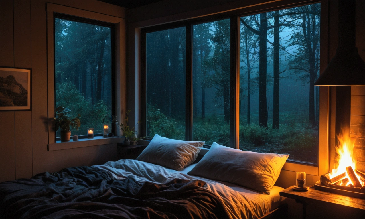 a bed sitting under a window next to a fire, cozy atmospheric, cozy place, large windows to forest at night, cosy atmoshpere, cozy room, cozy environment, dark bedroom, cyberpunk bedroom at night, inside on a rainy day, rainy night, bedroom full of fire, cozy night fireflies, cozy and peaceful atmosphere, rain aesthetic, dimly lit bedroom