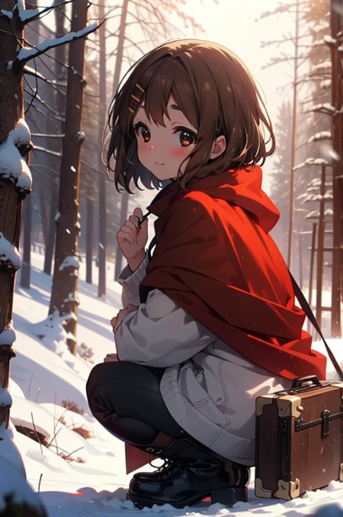 yuihirasawa, Yui Hirasawa, short hair, Brown Hair, hair ornaments, (Brown eyes:1.5), Hair Clip、smile,smile,blush,white breath,
Open your mouth,snow,Ground bonfire,, Outdoor, boots, snowing, From the side, wood, suitcase, Cape, Blurred, , forest, White handbag, nature, Squat, Mouth closed, Cape, winter, Written boundary depth, Black shoes, red Cape break looking at viewer, Upper Body, whole body, break Outdoor, forest, nature, break (masterpiece:1.2), Highest quality, High resolution, unity 8k wallpaper, (shape:0.8), (Beautiful and beautiful eyes:1.6), Highly detailed face, Perfect lighting, Highly detailed CG, (Perfect hands, Perfect Anatomy),