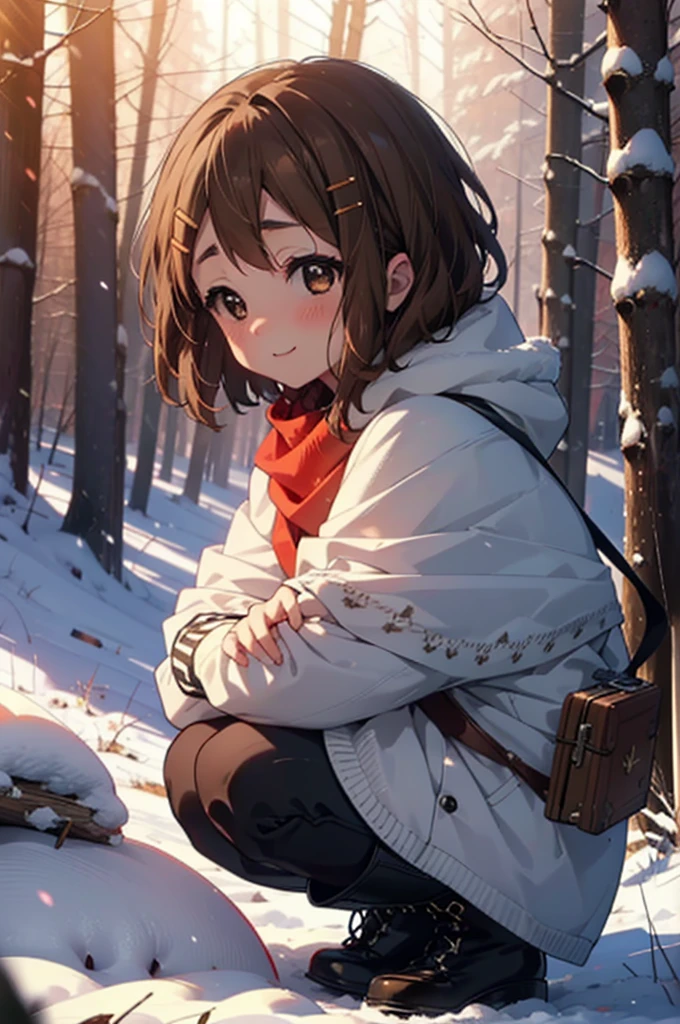 yuihirasawa, Yui Hirasawa, short hair, Brown Hair, hair ornaments, (Brown eyes:1.5), Hair Clip、smile,smile,blush,white breath,
Open your mouth,snow,Ground bonfire,, Outdoor, boots, snowing, From the side, wood, suitcase, Cape, Blurred, , forest, White handbag, nature, Squat, Mouth closed, Cape, winter, Written boundary depth, Black shoes, red Cape break looking at viewer, Upper Body, whole body, break Outdoor, forest, nature, break (masterpiece:1.2), Highest quality, High resolution, unity 8k wallpaper, (shape:0.8), (Beautiful and beautiful eyes:1.6), Highly detailed face, Perfect lighting, Highly detailed CG, (Perfect hands, Perfect Anatomy),